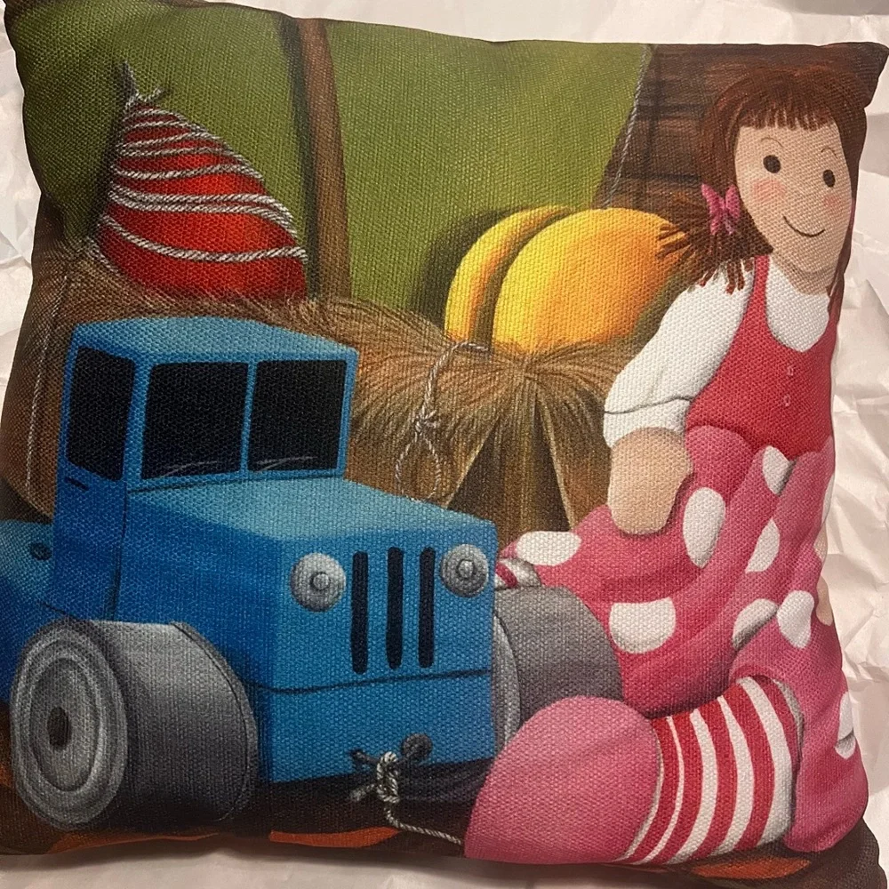 Mandy Pritty whimsical Art throw pillows/2 .blue tractor and doll- pristine